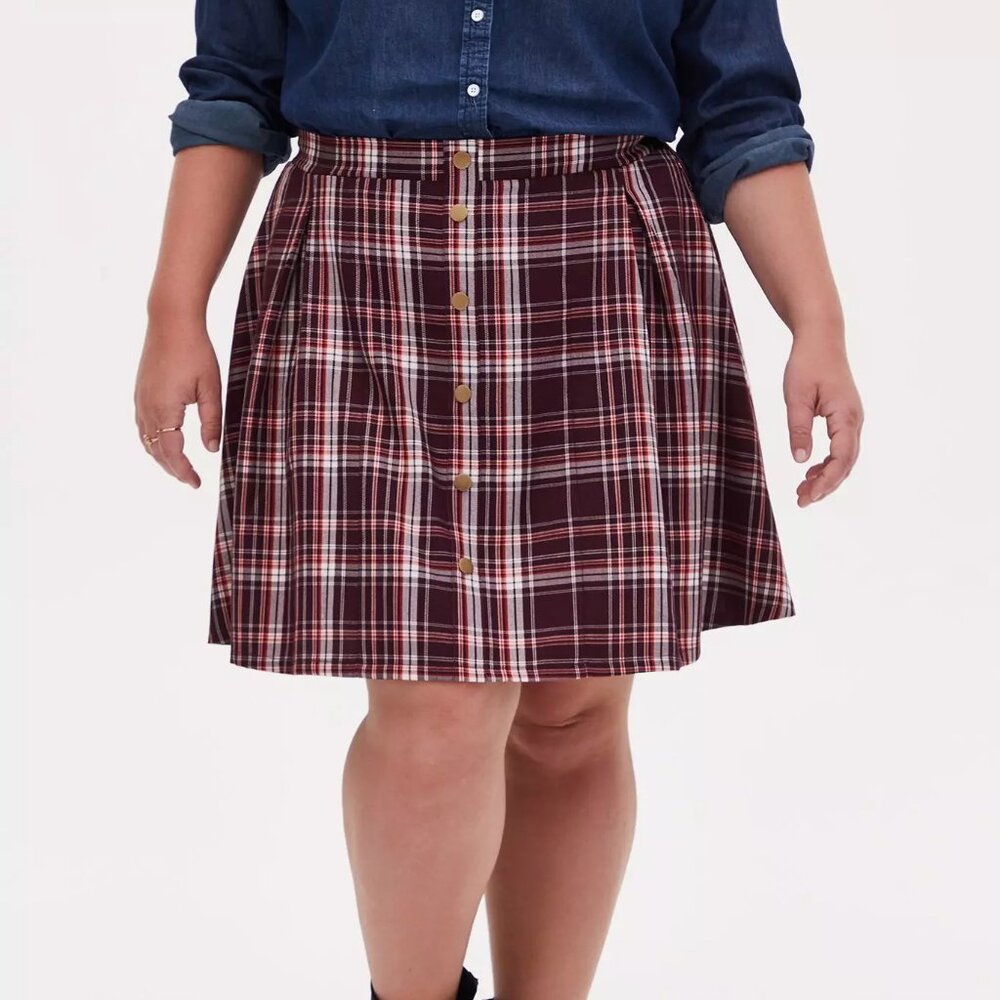 Torrid Burgundy Purple Plaid Twill Pleated Button Front Mini Skirt